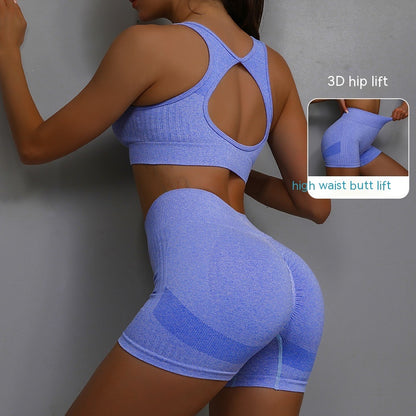 2pcs Sports Fitness Yoga Hip-lifting Shorts + Hollow Out Back Bra