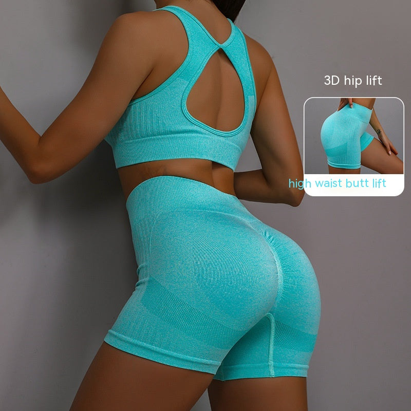 2pcs Sports Fitness Yoga Hip-lifting Shorts + Hollow Out Back Bra