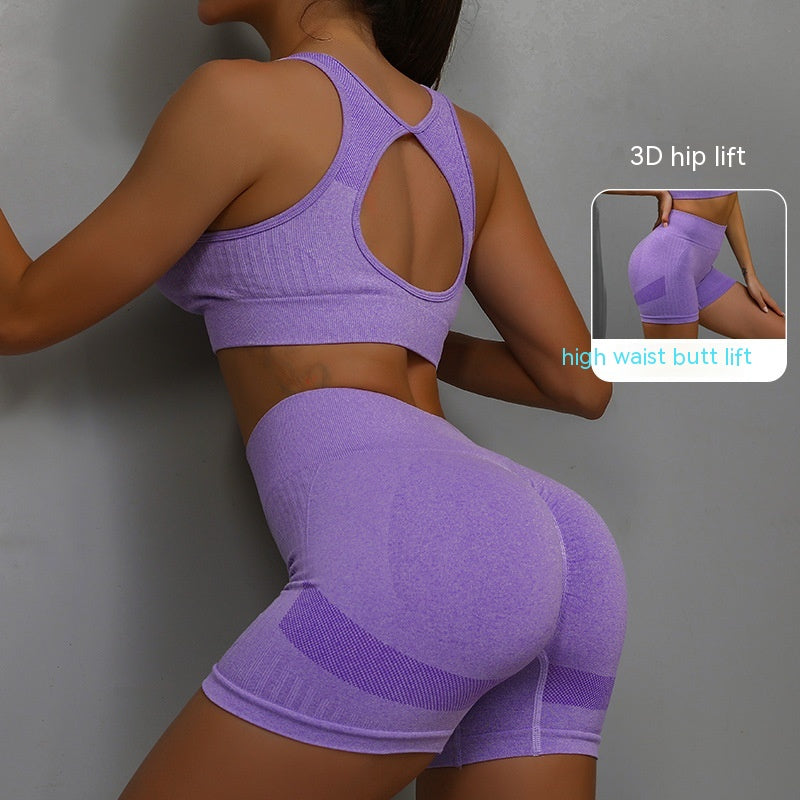 2pcs Sports Fitness Yoga Hip-lifting Shorts + Hollow Out Back Bra