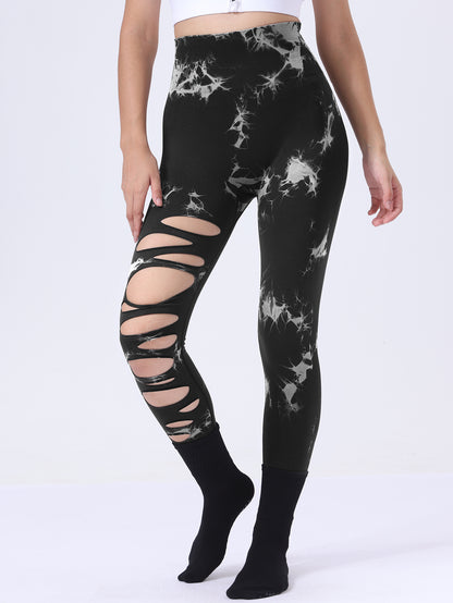 Butt Lifting Yoga Gym Athletic Pants, Hollow Out Tummy Control Sports Leggings Tie Dye Running Pants
