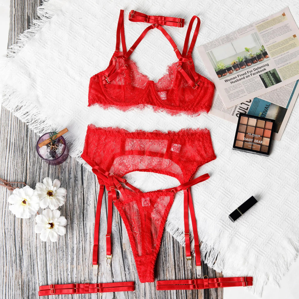 Solid Women's Lingerie Sets Seductive Halter Bra Garter Thong 3PC with Leg Circles Sexy Lace