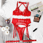 Solid Women's Lingerie Sets Seductive Halter Bra Garter Thong 3PC with Leg Circles Sexy Lace