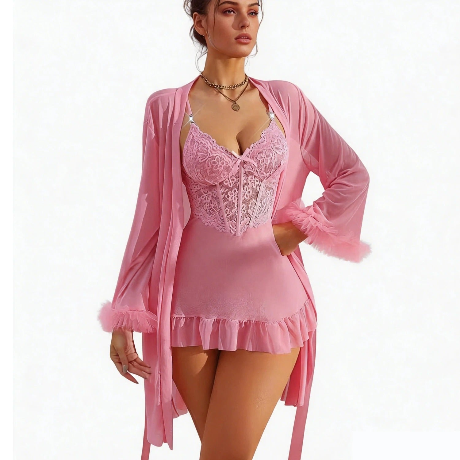 3 Pieces Women Sleepwear With Robe Sexy Lace Lingerie