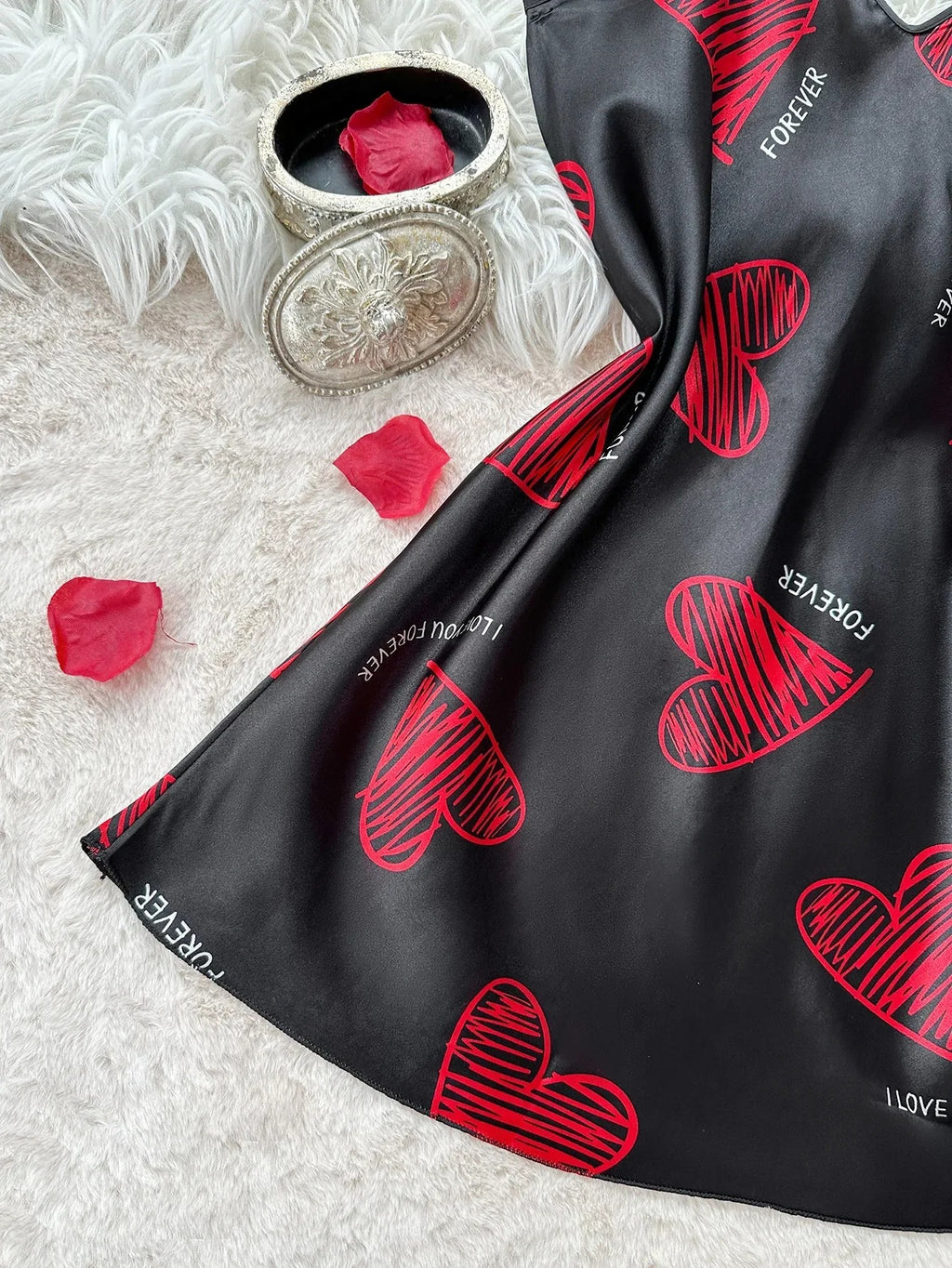 Red Lip Print Satin Slip Nightdress Lingerie