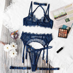 Solid Women's Lingerie Sets Seductive Halter Bra Garter Thong 3PC with Leg Circles Sexy Lace